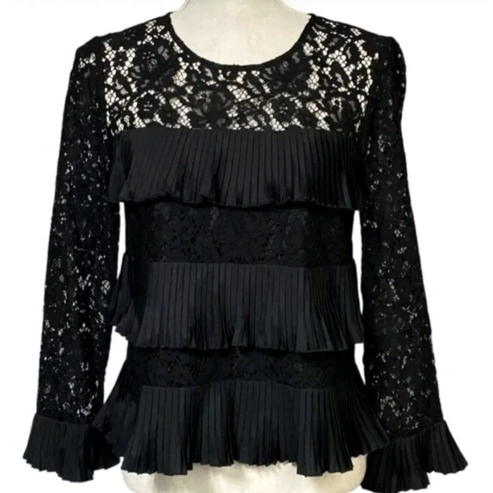 J. Crew Black Lace Ruffle Pleated Tiered Blouse Bell Sleeves Size 0